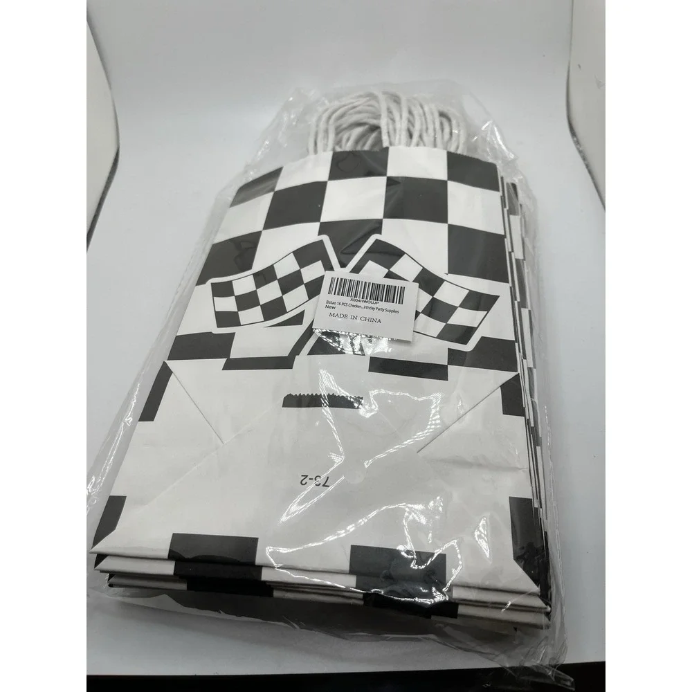 16Pcs Checkered with Flags Race Car Party Favor Bags, Black and‎ White 8x6x3 in.